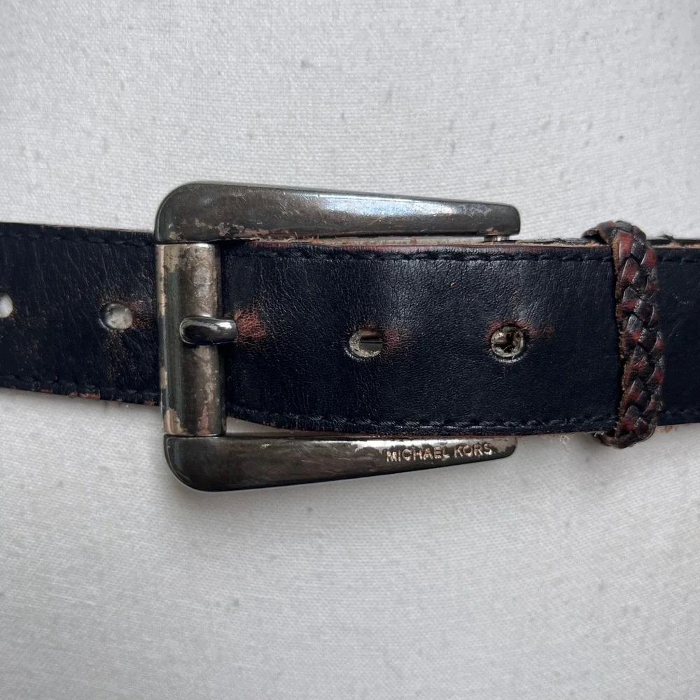 Vintage Black Leather Studded Distressed Boho Biker Belt Braided Michael Kors - Picture 2 of 12